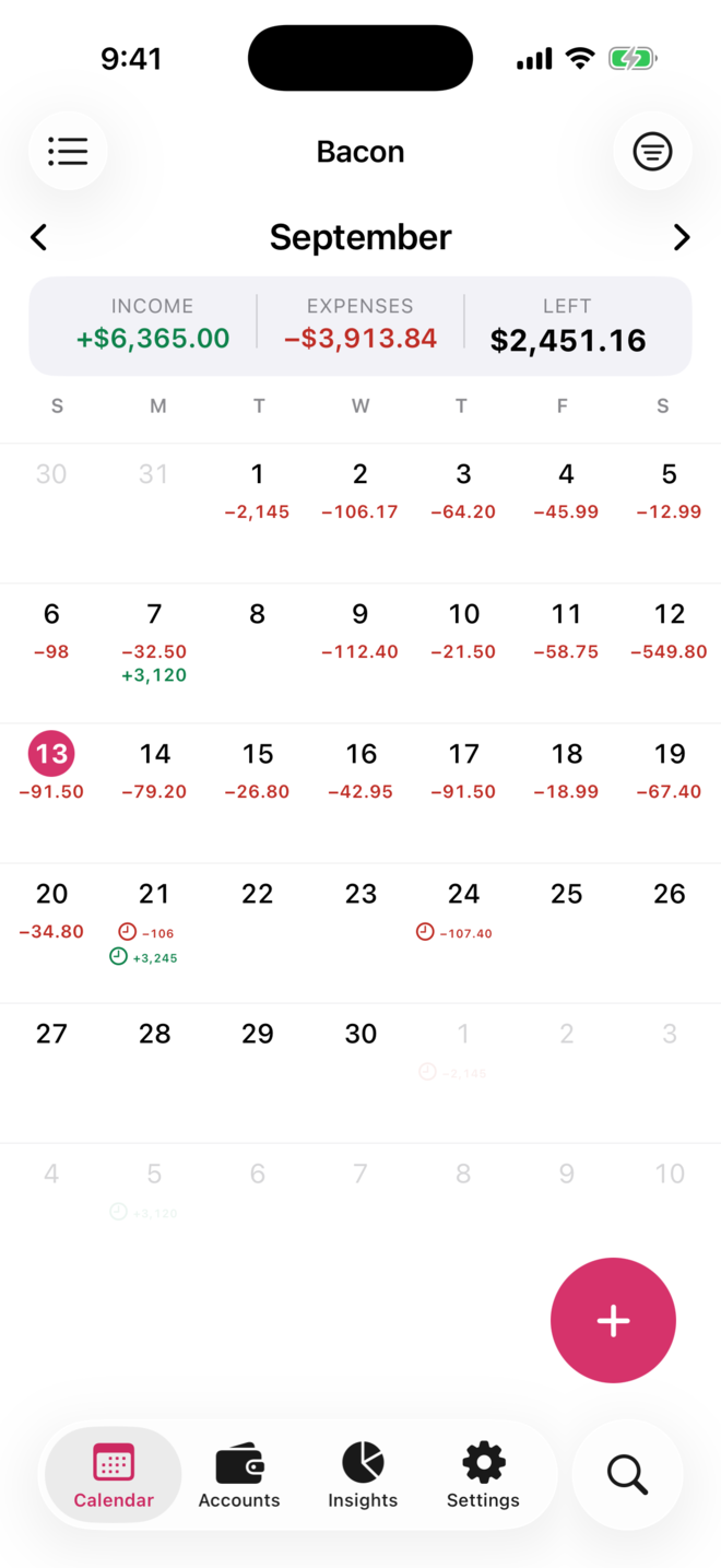 Bacon on iPhone: a September calendar with a daily amount under each date, and Income, Expenses and Left across the top.
