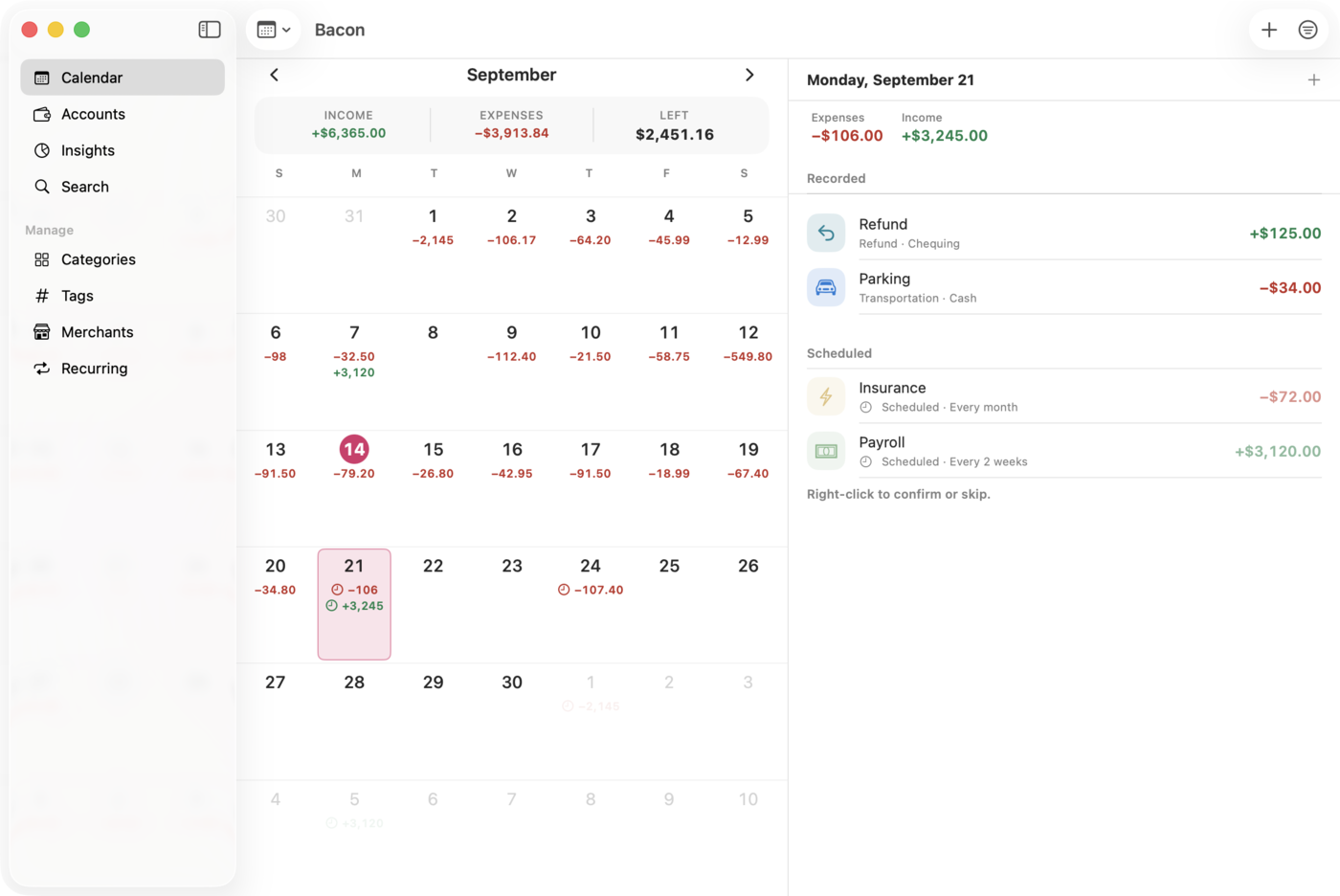 Bacon on macOS: a sidebar, a September calendar with daily totals, and a day pane listing recorded and scheduled transactions.
